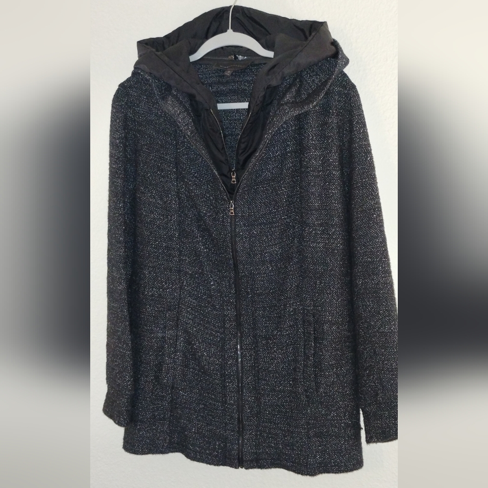 BCBG MAXAZRIA "NATHYN" DOUBLE LAYER JACKET- REMOVABLE HOOD ~SIZE XS ~ GRAY/BLACK - Picture 2 of 16